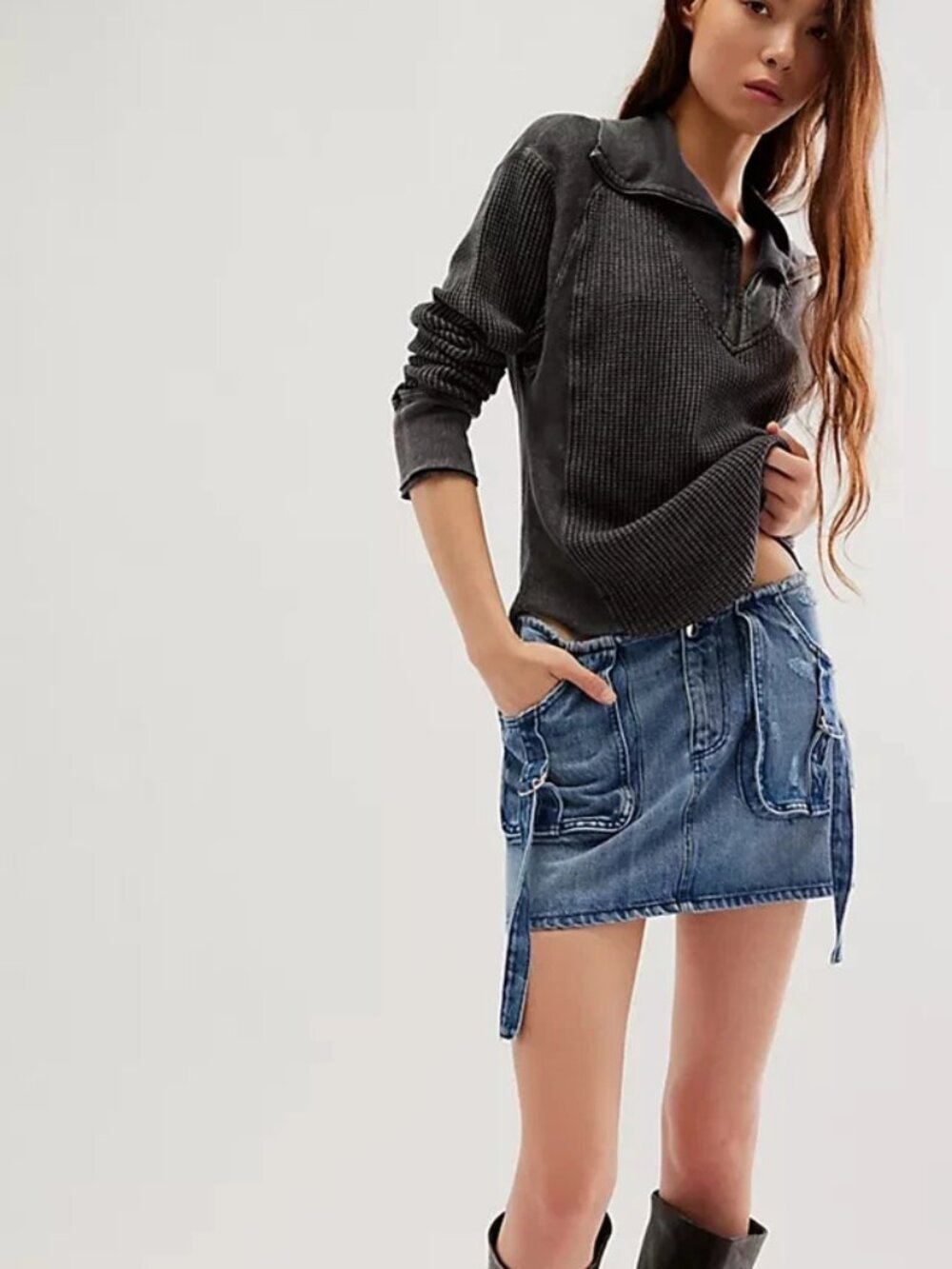 Free People FP One Ashton Zip Thermal Long Sleeve Relaxed Ribbed Top XS